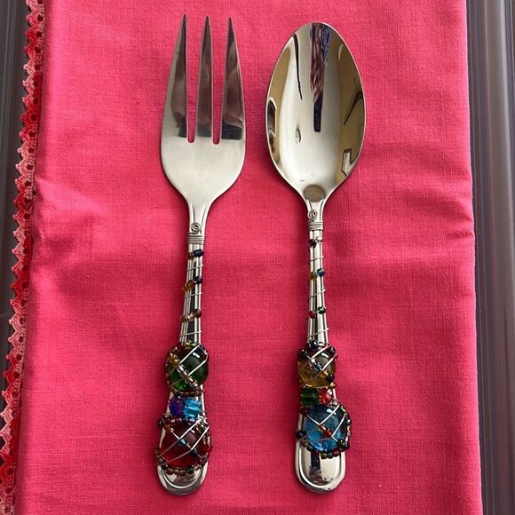 Other - Beaded artisan serving spoon and fork set.